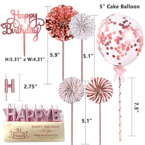 IEALODS Rose Gold Cake Topper Decorations with Happy Birthday Candles Acrylic Birthday Cake Topper Confetti Balloon and Paper Fans for Rose Gold Theme Birthday Party Dcor - Image 5