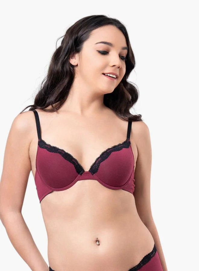 Aadaraya Aadaraya Lace Detail Plunge Bra with Hook and Eye Closure
