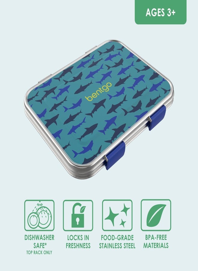 Bentgo صندوق غداء مقاوم للتسرب من ستانلس ستيل للأطفال من بنتغو - 3 أقسام مع حاوية سيليكون إضافية، متين، صديق للبيئة، آمن في غسالة الصحون، خالي من BPA، مثالي للمدرسة، للأعمار 3 سنوات فما فوق (قرش) - Image 3