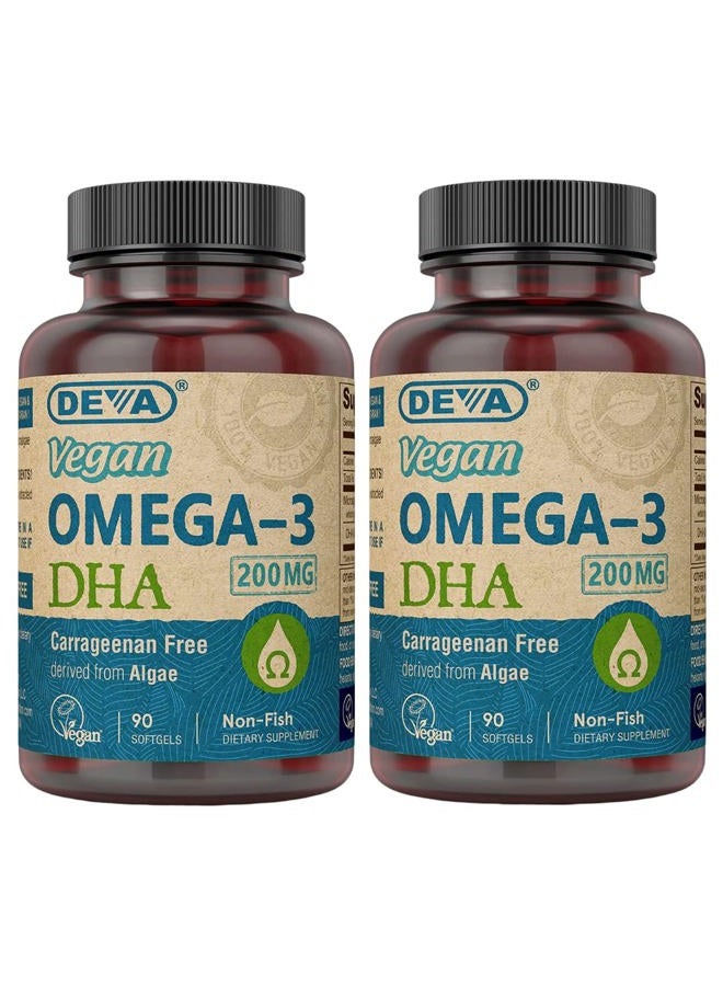 Deva Vegan Vitamins Vegan Omega-3 DHA Supplement, Once-Per-Day Softgel 200 MG, Carrageenan Free, Gelatin Free, Non-Fish, Algae Oil, Omega-3 Fatty Acids - 90 Softgels (Pack of 2) - Image 1