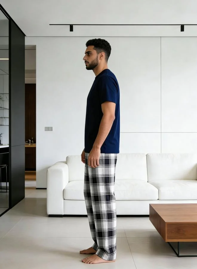 Take Two Dark Blue Men Printed Round Neck T-Shirt and Checked Pants Set for Men | Best Price UAE