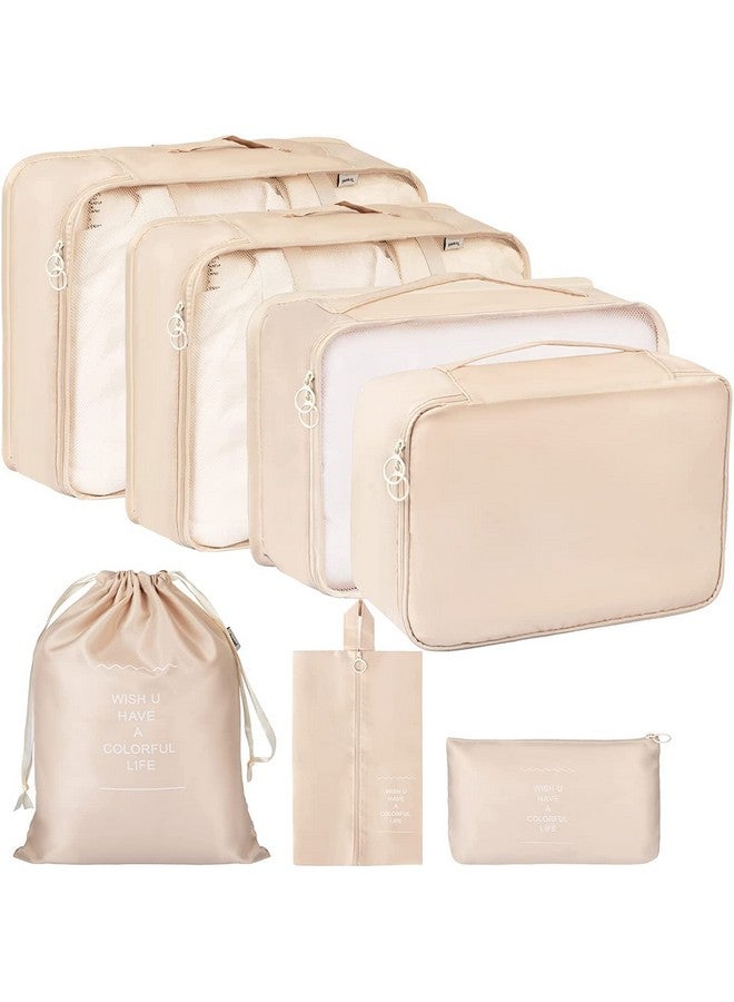 PETRICE Polyester Travel Organizer 7 In 1 Travel Laundry Cosmetics Luggage Packing Organizers Set Makeup Bags Organizer Packing Cubes With Shoe Bag For Travel (Beige) - Image 1