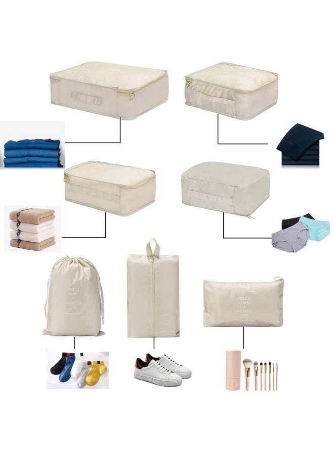 PETRICE Polyester Travel Organizer 7 In 1 Travel Laundry Cosmetics Luggage Packing Organizers Set Makeup Bags Organizer Packing Cubes With Shoe Bag For Travel (Beige) - Image 2