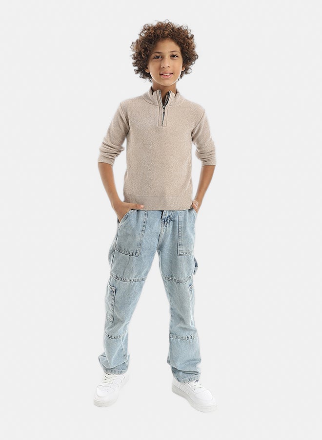 Andora Velvet Zipper Closure High Collar Beige Pullover_Beige - Image 5