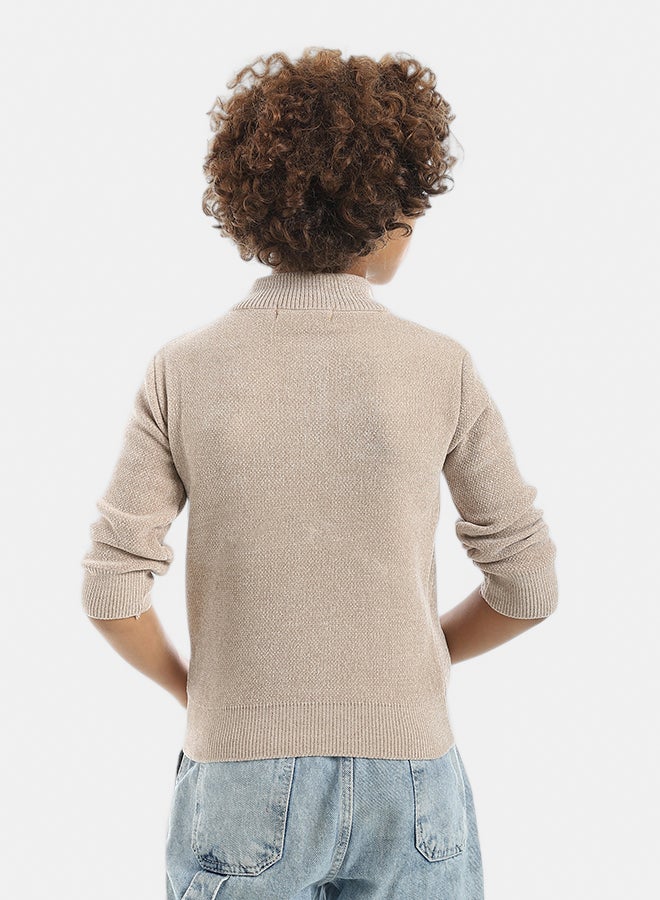 Andora Velvet Zipper Closure High Collar Beige Pullover_Beige - Image 3