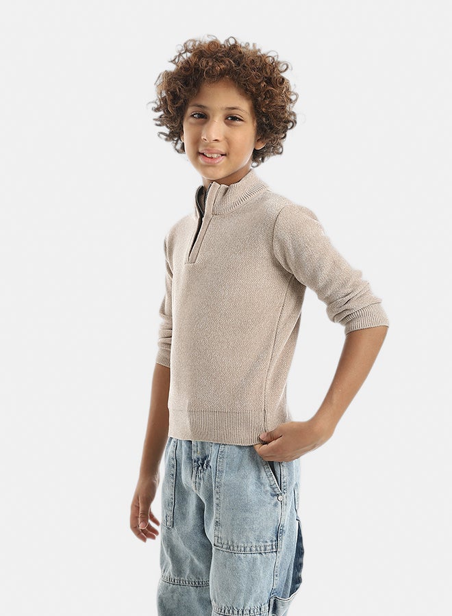 Andora Velvet Zipper Closure High Collar Beige Pullover_Beige - Image 2