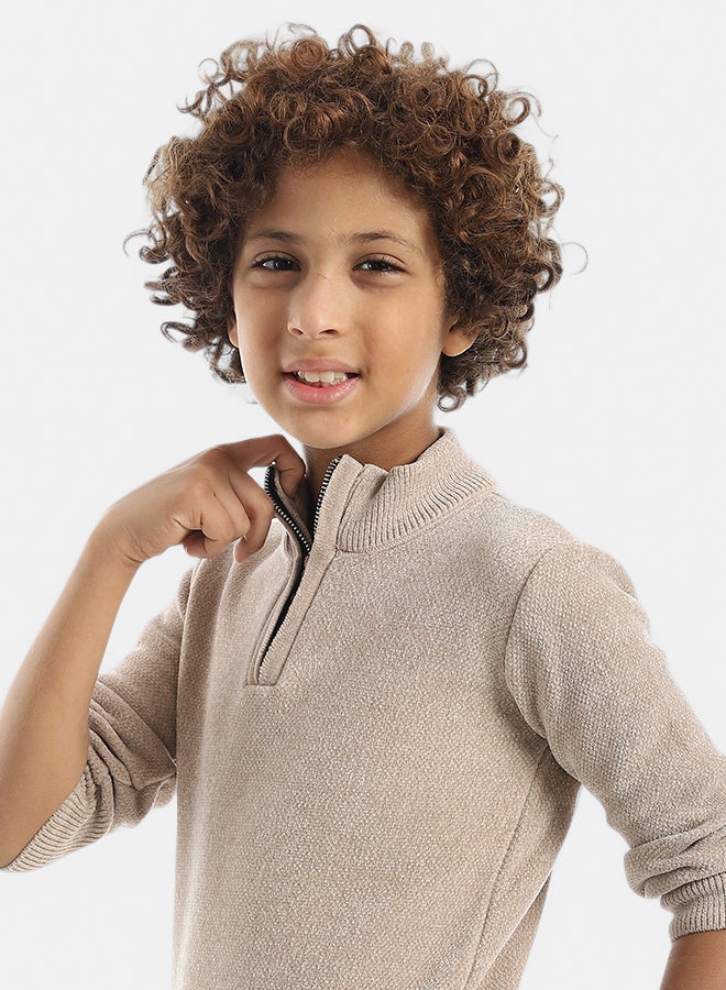 Andora Velvet Zipper Closure High Collar Beige Pullover_Beige - Image 4