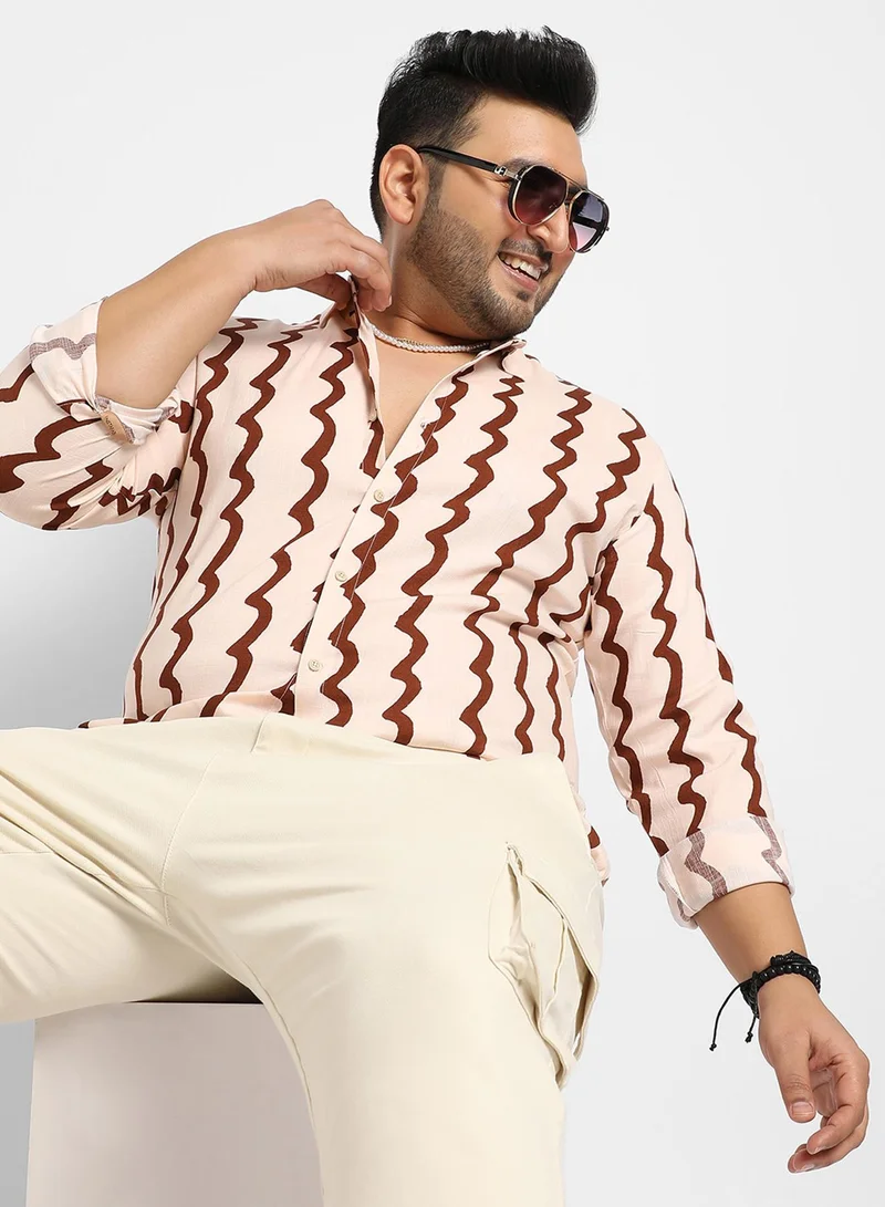 Instafab Plus Instafab Plus Men's Beige & Brown Contrast Paint Lines Shirt For Casual Wear | Spread Collar | Long Sleeve | Button Closure | Viscose Slub Lycra Shirt Crafted With Comfort Fit For Everyday Wear