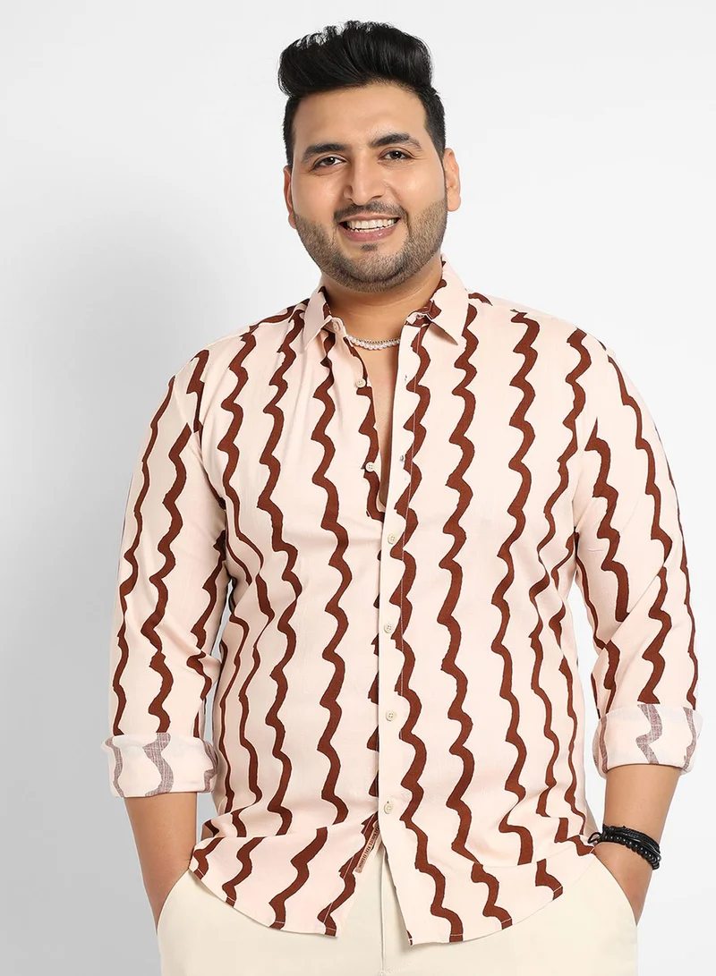 Instafab Plus Instafab Plus Men's Beige & Brown Contrast Paint Lines Shirt For Casual Wear | Spread Collar | Long Sleeve | Button Closure | Viscose Slub Lycra Shirt Crafted With Comfort Fit For Everyday Wear
