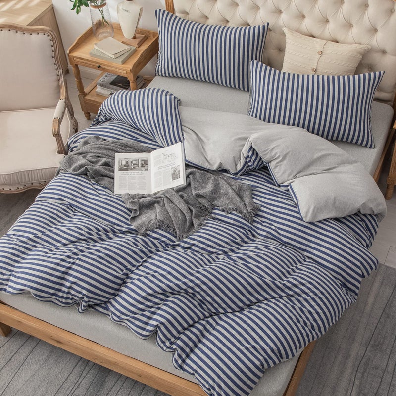 PURE ERA Jersey Knit Duvet Cover Set 100% T-Shirt Heather Cotton Super Soft Comfy Classic Striped Design, with Zipper Closure, Heather Grey Blue Stripe, Queen - Image 5
