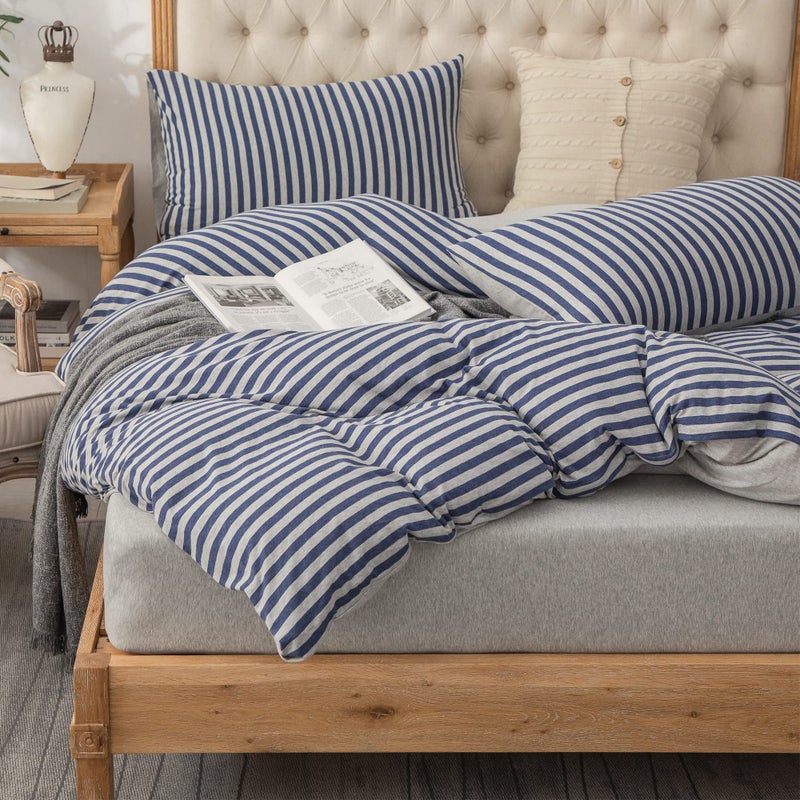 PURE ERA Jersey Knit Duvet Cover Set 100% T-Shirt Heather Cotton Super Soft Comfy Classic Striped Design, with Zipper Closure, Heather Grey Blue Stripe, Queen - Image 1