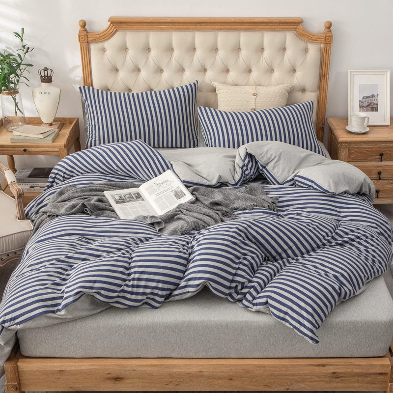 PURE ERA Jersey Knit Duvet Cover Set 100% T-Shirt Heather Cotton Super Soft Comfy Classic Striped Design, with Zipper Closure, Heather Grey Blue Stripe, Queen - Image 4