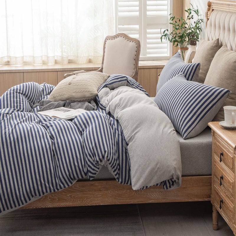 PURE ERA Jersey Knit Duvet Cover Set 100% T-Shirt Heather Cotton Super Soft Comfy Classic Striped Design, with Zipper Closure, Heather Grey Blue Stripe, Queen - Image 2