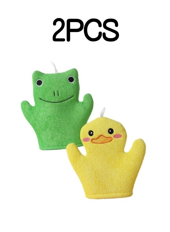 مجموعة من قفازات الاستحمام للأطفال المكونة من قطعتين قفازات استحمام ناعمة على شكل ضفدع وبطة لطيفة ومقشرة لطيفة لمغسلة الأطفال الصغار وقت الاستحمام آمنة على البشرة ملحقات العناية بالطفل - Image 1