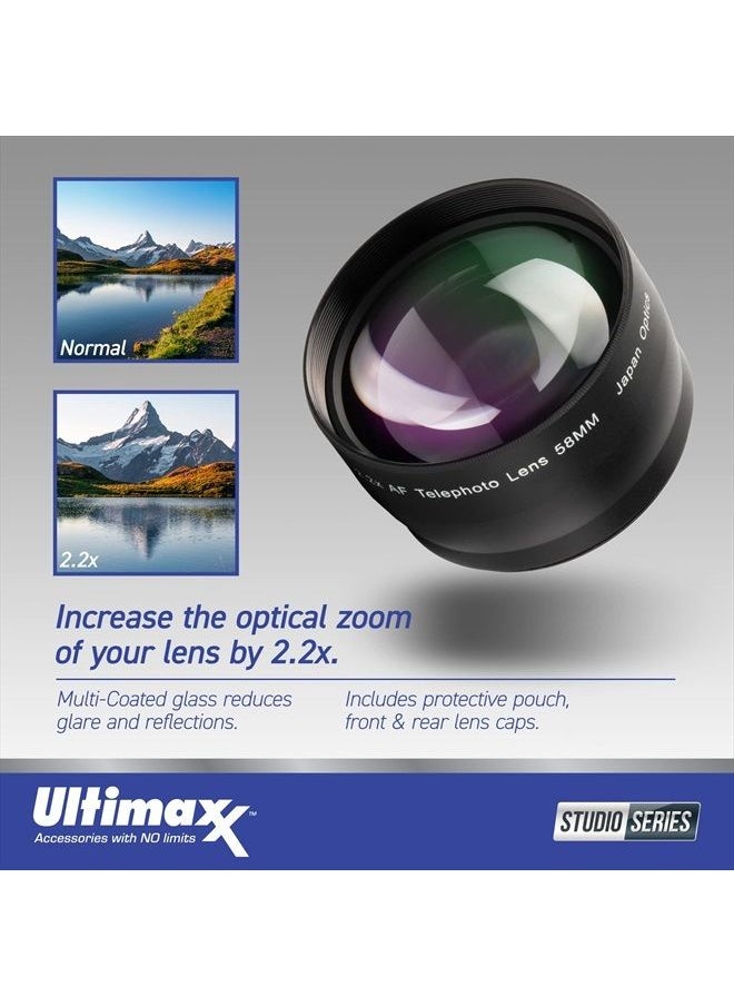 Ultimaxx - 58MM Complete Lens Filter Accessory Kit with 58MM 2.2X Telephoto and .43x Wide Angle/Macro Lenses for: Canon EOS Rebel 9000D 800D 760D 750D 700D 1300D 1200D and More - Image 1