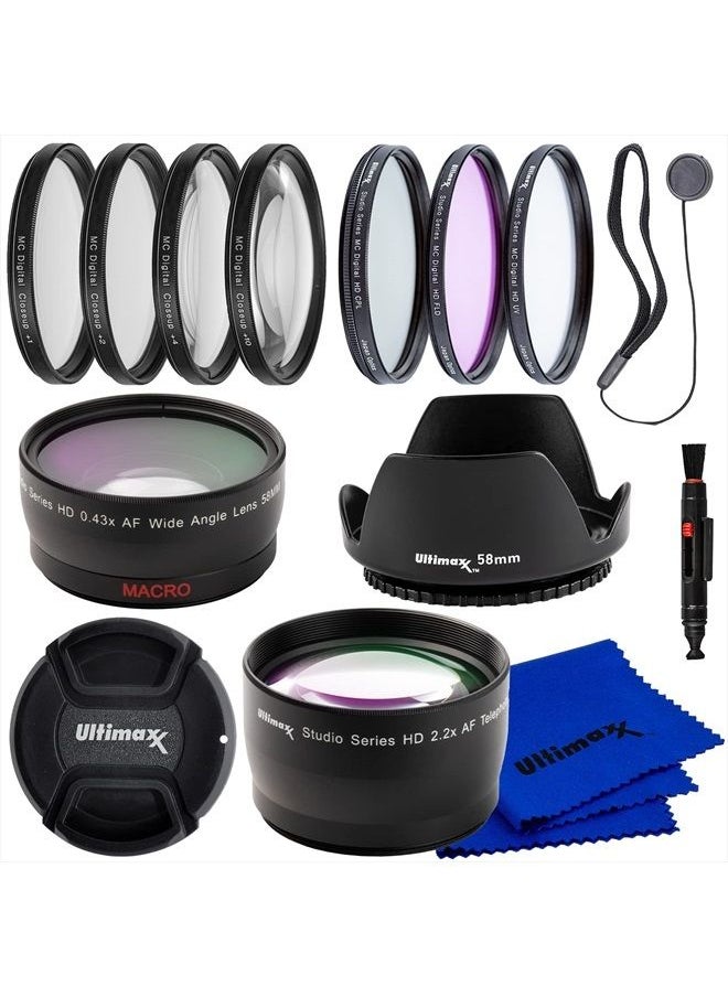 Ultimaxx - 58MM Complete Lens Filter Accessory Kit with 58MM 2.2X Telephoto and .43x Wide Angle/Macro Lenses for: Canon EOS Rebel 9000D 800D 760D 750D 700D 1300D 1200D and More - Image 1