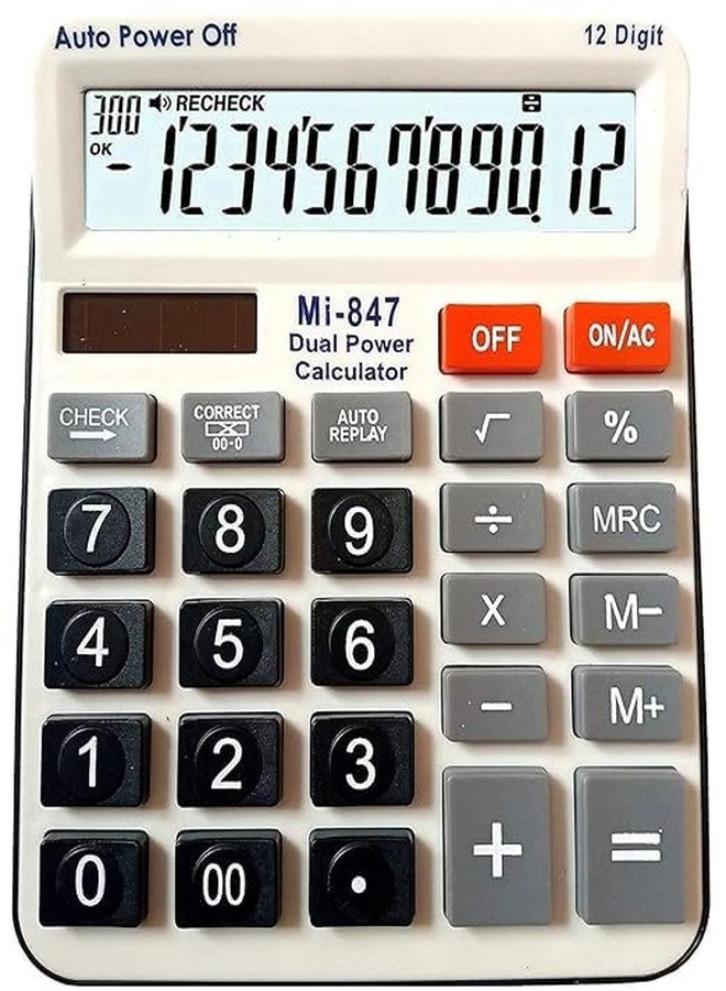 ADOERE آلة حاسبة ADOERE MI-847 ثنائية الطاقة ذات 120 خطوة للتحقق والتصحيح للمكاتب والمتاجر والطلاب (12 رقمًا) (أبيض وأسود) - Image 1