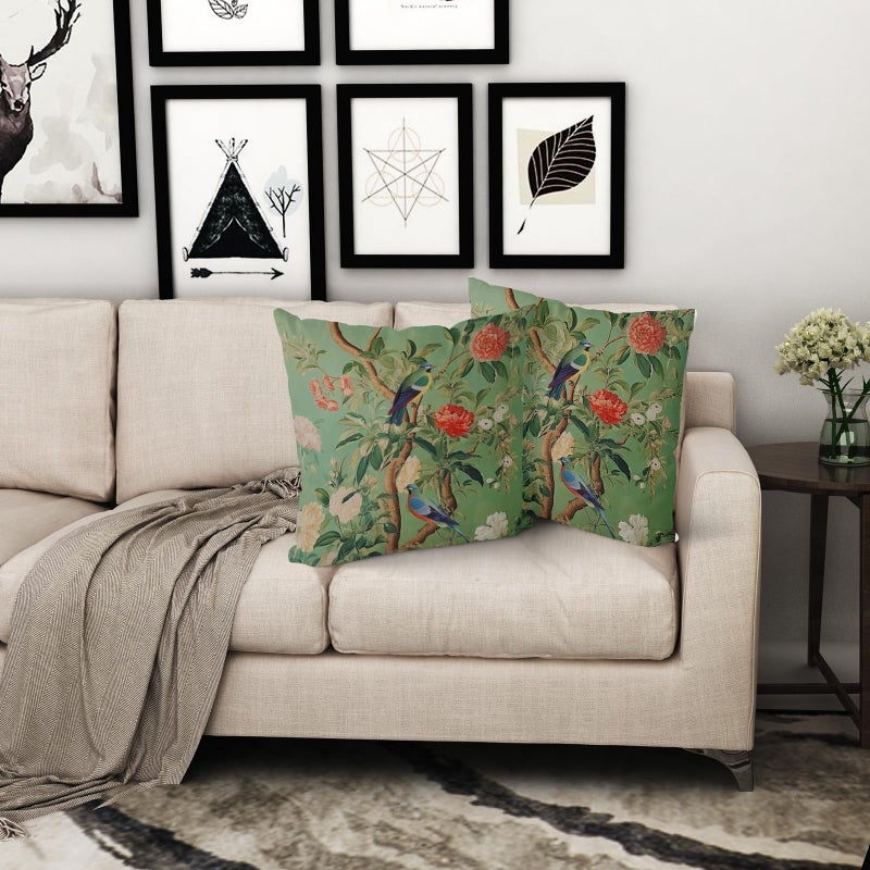 Sweetshow Green Chinoiserie Pillow Cover 18x18 Inch Vintage Bird Flower Throw Pillow Covers Farmhouse Floral Decorative Pillowcase Outdoor Cotton Square Cushion Cover for Couch Sofa Bedroom Decor (Pack of 2) - Image 2