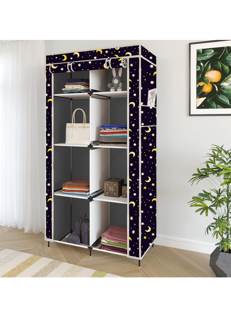 Whitecloud TRANSFORMING HOMES Whitecloud TRANSFORMING HOMES Printed Collapsible Wardrobe Portable Foldable Closet for Clothes Almira 8 Shelves 1 Side Pocket NonWoven Fabric 100 GSM 20025 Moon Star Grey  - Image 1