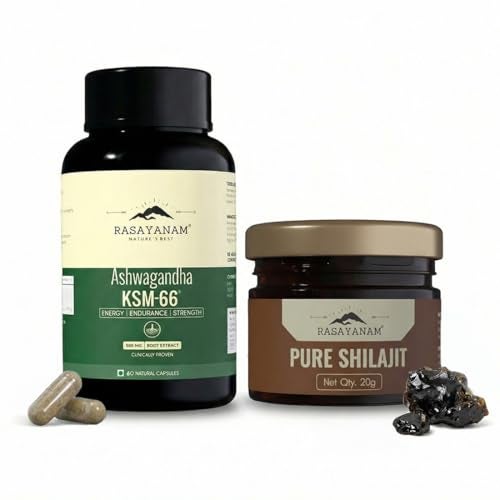 Rasayanam Ashwagandha KSM-66 (60 Veg. Capsules) & Pure Himalayan Shilajit (20g) - Combo Pack | 500mg Pure Root Withania Somnifera Extract & Shilajeet for Increased Energy Levels & Stress Relief - Image 1
