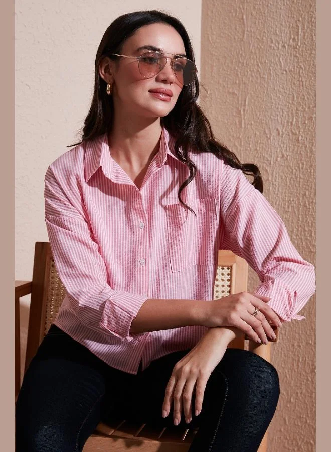 Lela Lela Regular Fit Striped Chest Pocket Textured Shirt Women's SHIRT 6772870