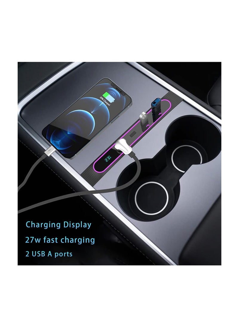 Generic - Tesla USB Hub with Digital Display and Colorful LED Light - Multi-Port Car Charger for Model 3 and Model Y Accessories, Perfect for Center Console Use. - Image 1