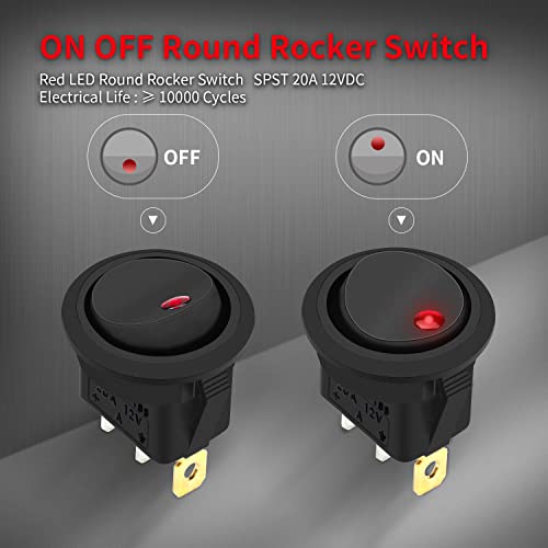 DaierTek Round Rocker Switch 12V 20A LED DC Round Shell 3 Pin with 12 Volt Red LED Lighted Automotive Car Truck Rocker Toggle Switch ON Off -5Pack - Image 4