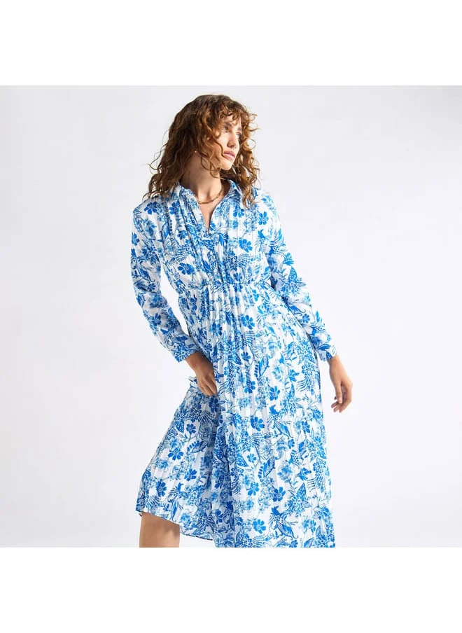 FAV All-Over Floral Print Shirt Dress with Long Sleeves and Pleat Detail