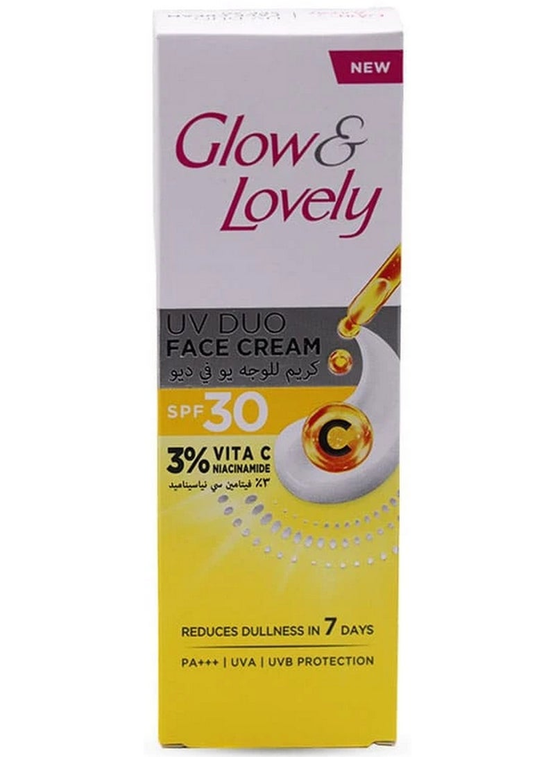 Glow & Lovely كريم وجه يو في ديو SPF 30 مع 3% فيتامين سي ونياسيناميد يقلل من بهتان البشرة في 7 أيام 50 جرام - Image 1