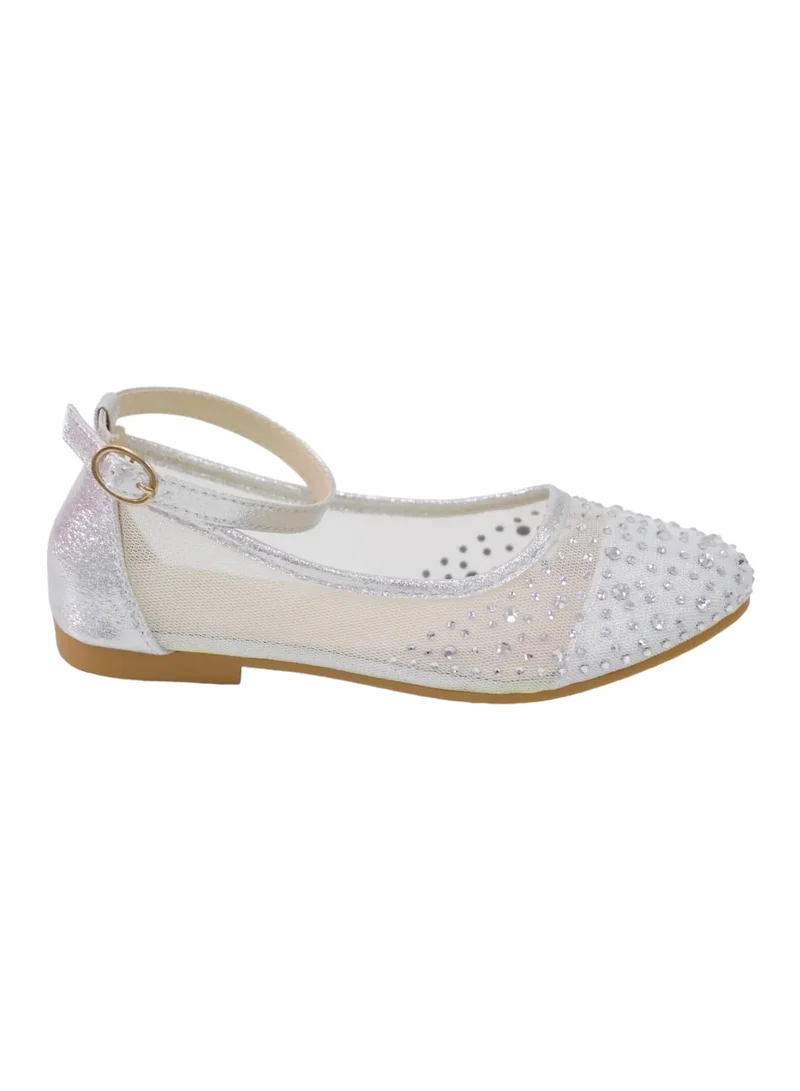 LAMARAPARIS INFANT GIRLS LEMIA NETTED BALLARINA WITH DIAMONDS SILVER