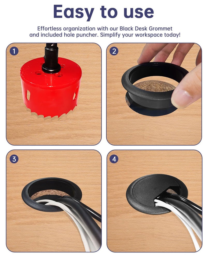 GA1FSL Desk Grommet & Cable Grommet 2 Inch (10 Pack) - Black Desk Hole Cover with Hole Saw - Cable Management Kit for Office, TV Stand, Workstation - Hide Wires Behind Wall, Cable Pass Through (50mm) - Image 4