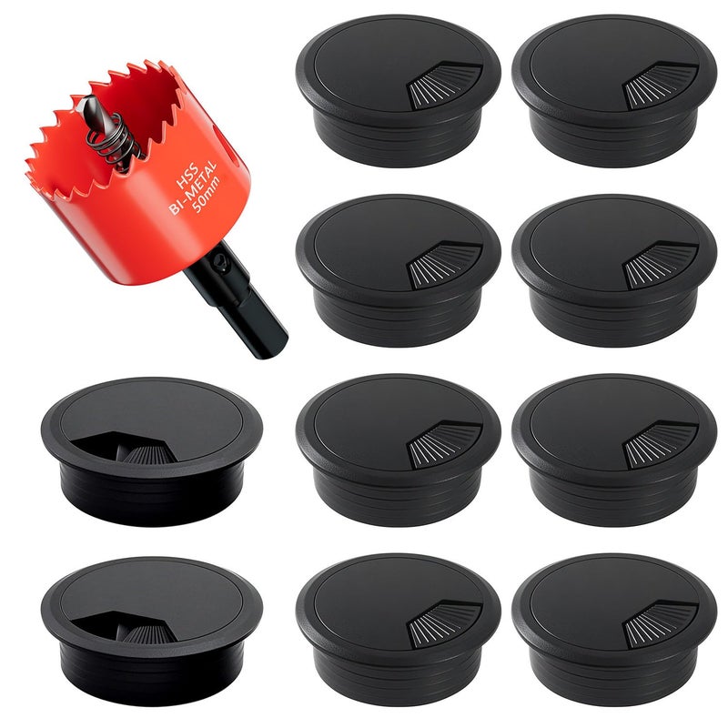 GA1FSL Desk Grommet & Cable Grommet 2 Inch (10 Pack) - Black Desk Hole Cover with Hole Saw - Cable Management Kit for Office, TV Stand, Workstation - Hide Wires Behind Wall, Cable Pass Through (50mm) - Image 1