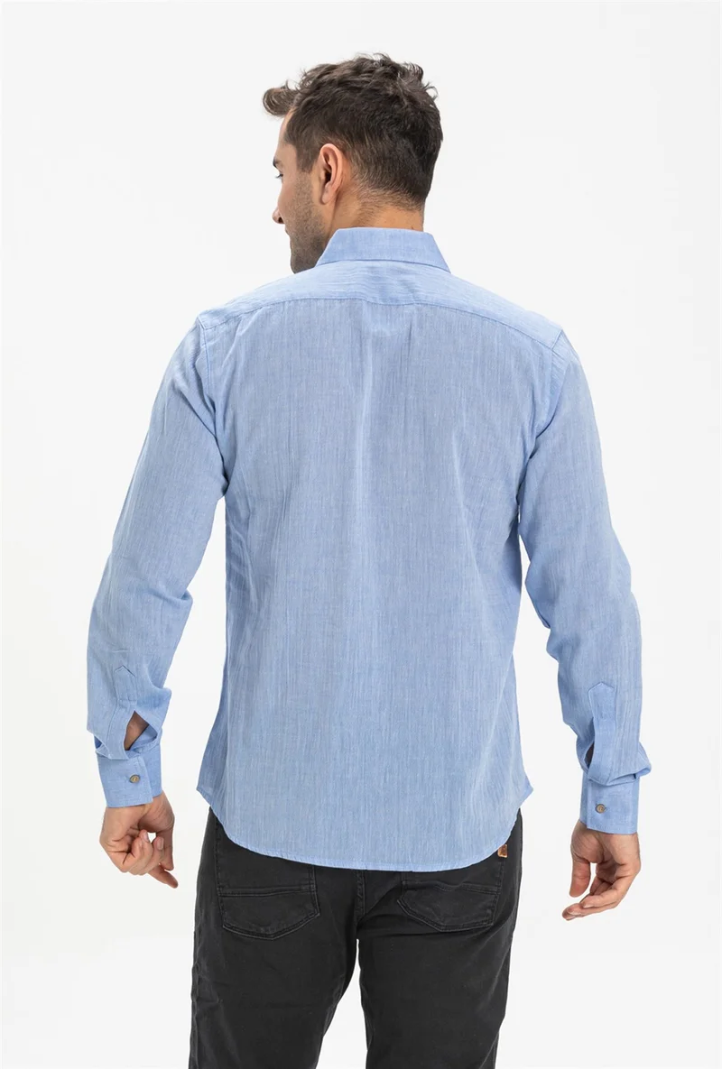 اليش شيل بيزي Long Sleeve Slim Fit Şile Cloth Single Pocket Men's Shirt Blue 3032