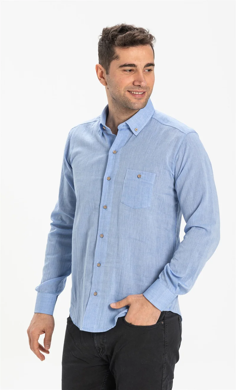 اليش شيل بيزي Long Sleeve Slim Fit Şile Cloth Single Pocket Men's Shirt Blue 3032