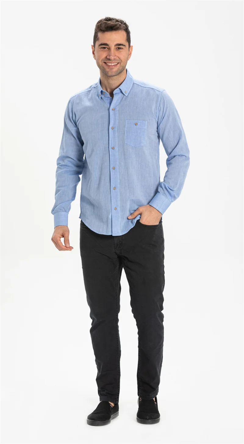 اليش شيل بيزي Long Sleeve Slim Fit Şile Cloth Single Pocket Men's Shirt Blue 3032