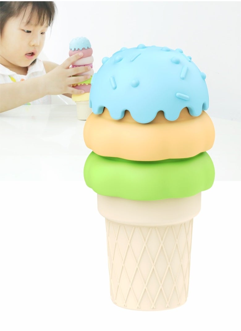 HieerBus Ice Cream Set Stacking Toys for Kids are made of BPA Free Silicone , Montessori Stacking Fine Motor Skills Toys, Manipulatives Learning Toys ﻿Blue,1 pack  - Image 1