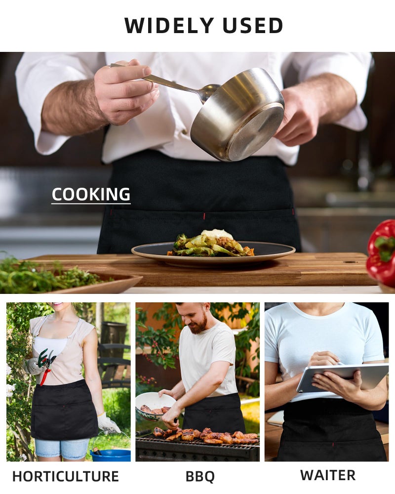 Xeoxarel Server Aprons with 3 Pockets, Unisex Waitress Waiter Waist Apron for Women and Man Half Black 22''X14'' - Image 2