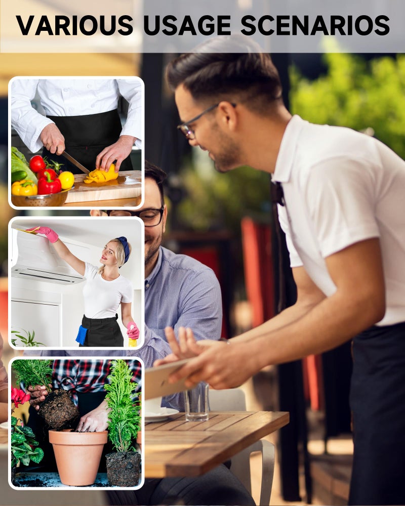 Xeoxarel Server Aprons with 3 Pockets, Unisex Waitress Waiter Waist Apron for Women and Man Half Black 22''X14'' - Image 5