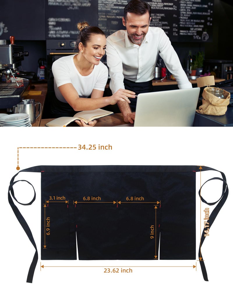 Xeoxarel Server Aprons with 3 Pockets, Unisex Waitress Waiter Waist Apron for Women and Man Half Black 22''X14'' - Image 3