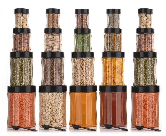 Qshare Kitchen Container Jar Set - Curved Shape Plastic Storage Organizer with Airtight Lid, Perfect Transparent Storage Dabba Box for Grocery, Snacks, Pasta, Masala, Dry Fruits (Black, Set of 20pc) - Image 1
