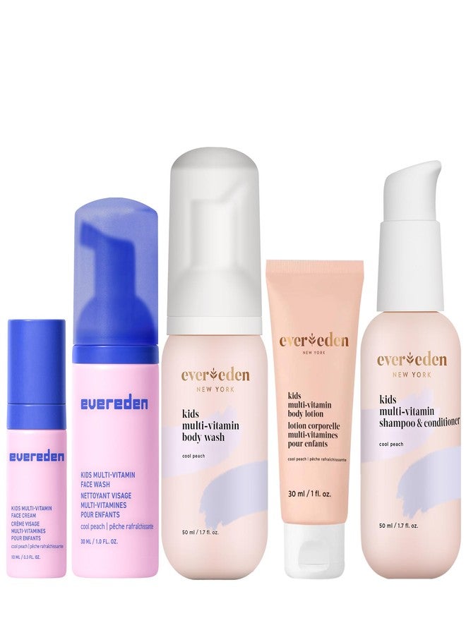 Evereden Kids Travel Essentials Set: Clean & Vegan 5-Piece Skin Care Travel Set for Kids | Body Wash, Lotion, Face Wash, Cream, 2-in-1 Shampoo & Conditioner | TSA-approved | Travel Size Toiletries - Image 1