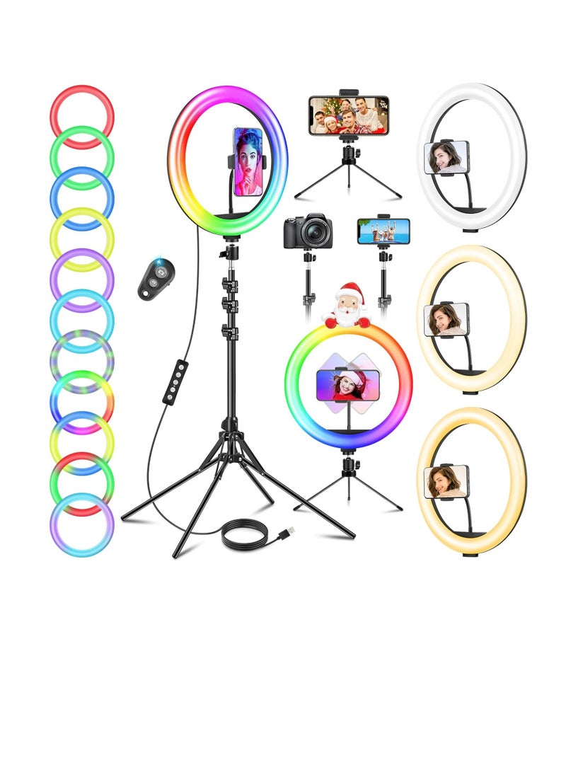 GerTog 177cm LED Ring Light with Tripod Stand & Mobile Holder, Remote Control, 40 RGB Modes & 13 Brightness Levels for Makeup, YouTube & TikTok - Image 1