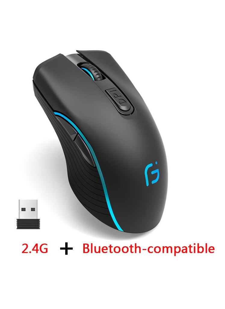 Rechargeable Computer Mouse Dual Mode Bluetooth + 2.4Ghz Wireless USB Mouse 2400DPI Optical Gaming Mouse Gamer Mice for PC Laptop (Black)