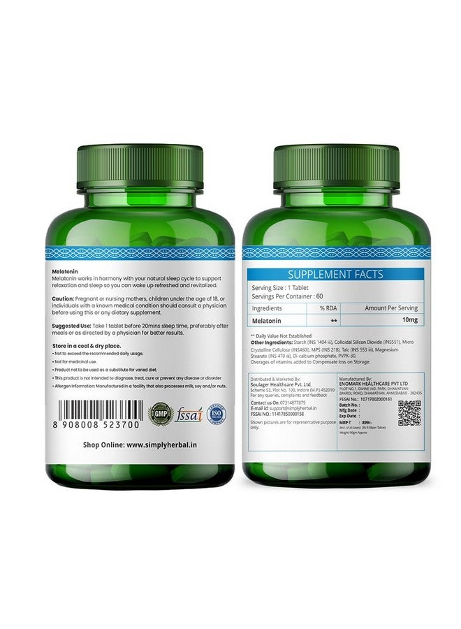 Simply Herbal Melatonin 10mg Sleeping Tablet, Non-Habit Forming, Deep Sleep Supplement, Helps Stress & Anxiety Relief, Support Jet Lag Strain for Men Women Adults, Healthy Sleep Cycle (60 Tablets) - Image 2