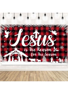 HOWAF Christmas Jesus Religious Banner Xmas Holy Night Backdrop Jesus Is The Reason For The Season Red Buffalo Plaid Banner For Winter Holiday Xmas Religion Party Outdoor Decors72.8 * 43.3 Inch  - Image 1