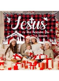 HOWAF Christmas Jesus Religious Banner Xmas Holy Night Backdrop Jesus Is The Reason For The Season Red Buffalo Plaid Banner For Winter Holiday Xmas Religion Party Outdoor Decors72.8 * 43.3 Inch  - Image 5