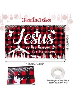 HOWAF Christmas Jesus Religious Banner Xmas Holy Night Backdrop Jesus Is The Reason For The Season Red Buffalo Plaid Banner For Winter Holiday Xmas Religion Party Outdoor Decors72.8 * 43.3 Inch  - Image 2