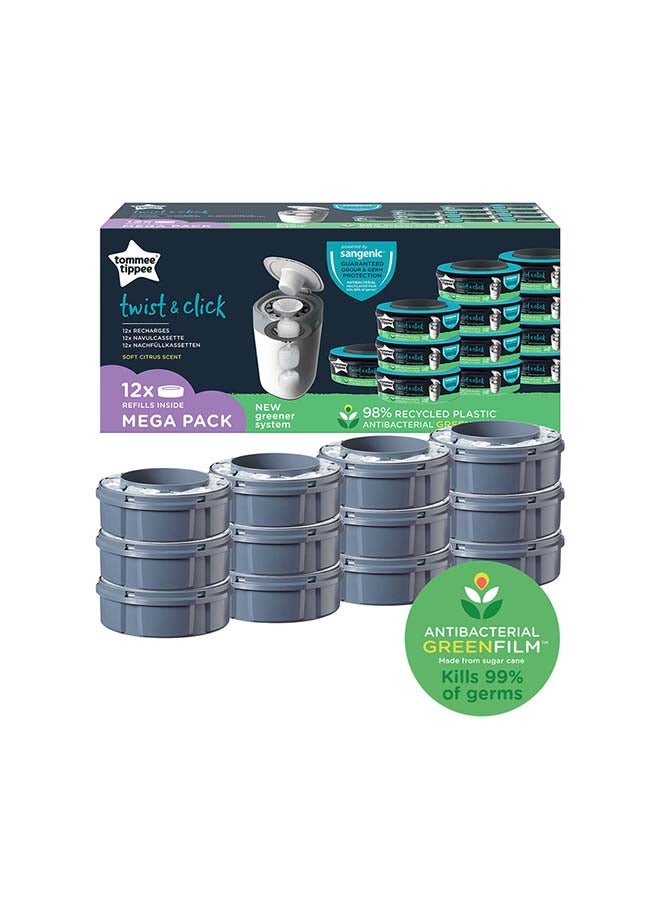 tommee tippee Sangenic Universal Nappy Bin Refills 12-Pack – Twist & Click & Sangenic TEC Compatible, Diaper Disposal Cassettes for Baby, Odour & Germ Protection, Baby Changing Essentials
