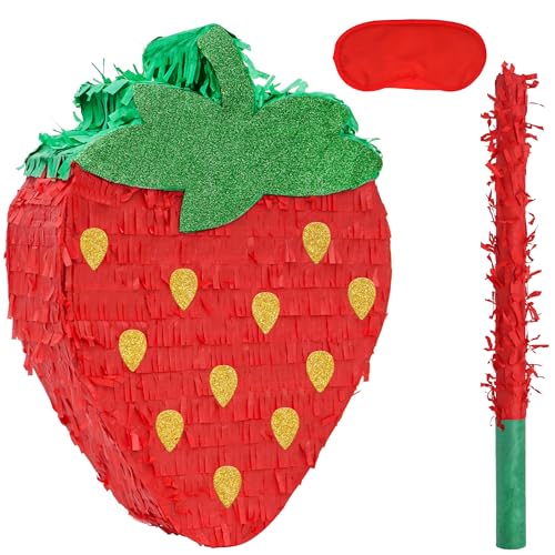 Birchio Strawberry Pinatas Bundle with a Blindfold and a Bat165 x 12 x 35 Inches Perfect for kids Birthday Parties Fruit Theme Parties Decorations - Image 1