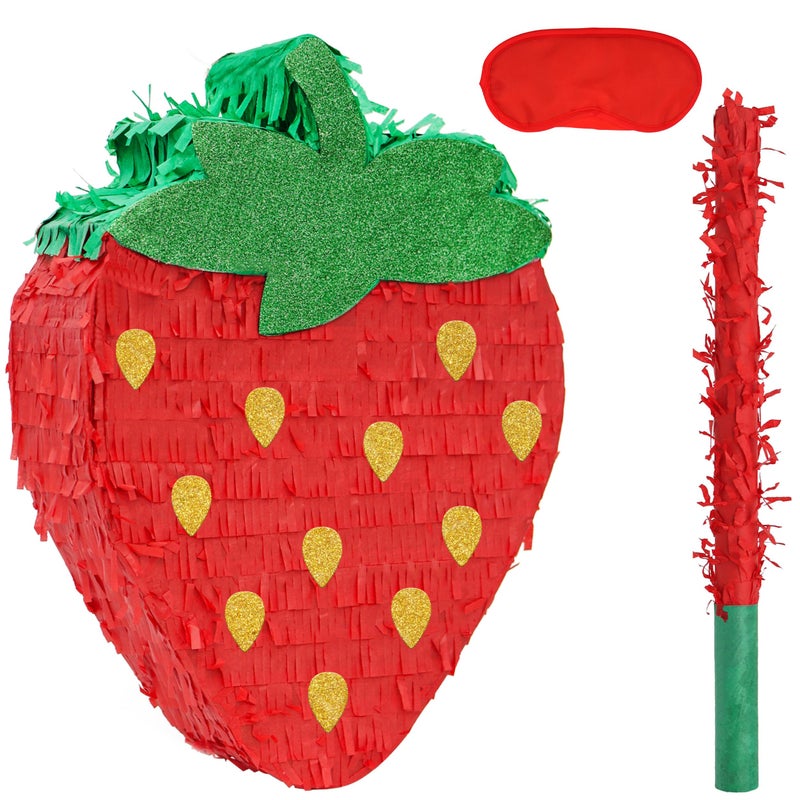 Birchio Strawberry Pinatas Bundle with a Blindfold and a Bat165 x 12 x 35 Inches Perfect for kids Birthday Parties Fruit Theme Parties Decorations - Image 3